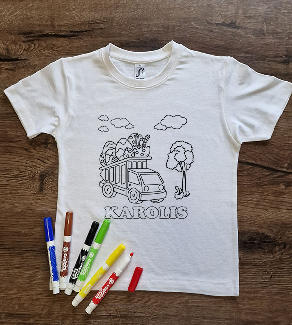 Marškinėliai spalvinimui „Sunkvežimis su margučiais“